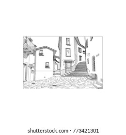 Hand drawn vector illustration sketch of old european city town street stairs