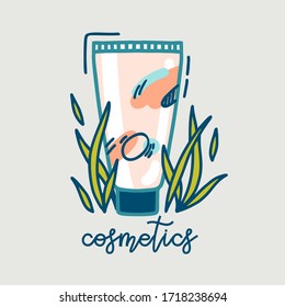 Hand drawn vector illustration skincare cosmetic bottle. Tube of cream, gel with plants and lettering cosmetics. Eco herbal cosmetics for healthy skin icon. Pastel colors.