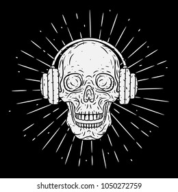 Hand drawn vector illustration Skull with headphones and divergent rays on blackboard. Used for poster, banner, web, t-shirt print, bag print, badges, flyer, logo design and more. Cartoon skull
