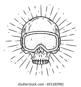 Hand drawn vector illustration with a Skull in ski goggles and divergent rays. Used for poster, banner, web, t-shirt print, bag print, badges, flyer, logo design and more. Cartoon skull