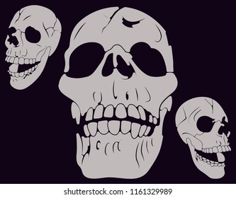 Hand drawn vector illustration of a skulls in three different angles. Art is negative space for dark backgrounds only.