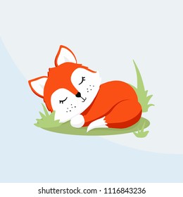 Hand drawn vector illustration sleeping red fox isolated on white background