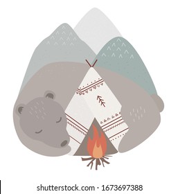 Handgezeichnete Vektorillustration mit Schlafbär, Zelt, Kamin und Bergen. Skandinavische Naturlandschaft. Kinder tragen einen Stoffdruck. Nurserie druckbares Poster.