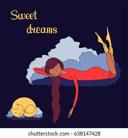 Hand drawn vector illustration of a sleeping dark skinned girl and cat floating on the clouds, with text Sweet dreams. Isolated objects. Design concept for children - postcard, poster, T-shirt print