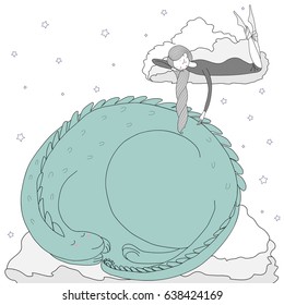 Hand drawn vector illustration of a sleeping girl and dragon floating on the clouds among the stars. Isolated objects on white background. Design concept for children - postcard, poster, T-shirt print