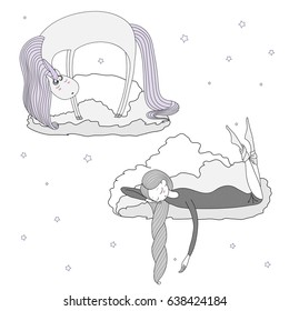 Hand drawn vector illustration of sleeping girl and unicorn floating on the clouds among the stars. Isolated objects on white background. Design concept for children - postcard, poster, T-shirt print