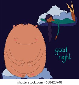 Hand drawn vector illustration of a sleeping dark skinned girl and cute monster floating on the clouds, with text Good night. Isolated objects. Design concept for children - postcard, T-shirt print