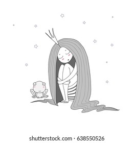 Hand drawn vector illustration of a sleeping princess with long hair and frog among the stars. Isolated objects on white background. Design concept for children - postcard, poster, T-shirt print