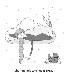 Hand drawn vector illustration of a sleeping girl and duck floating on the clouds among the stars. Isolated objects on white background. Design concept for children - postcard, poster, T-shirt print