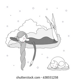 Hand drawn vector illustration of a sleeping girl and cat floating on the clouds among the stars. Isolated objects on white background. Design concept for children - postcard, poster, T-shirt print