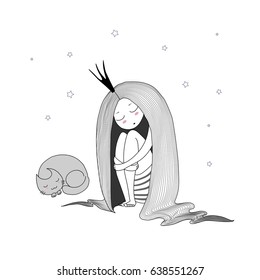 Hand drawn vector illustration of a sleeping princess with long hair and cat among the stars. Isolated objects on white background. Design concept for children - postcard, poster, T-shirt print