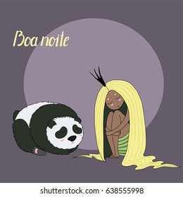 Hand drawn vector illustration of sleeping dark skinned princess with long hair and panda, with Portuguese text Boa noite (Good night). Isolated objects. Design concept for kids -poster, T-shirt print