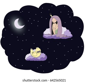 Hand drawn vector illustration of a sleeping princess and duck floating on the clouds among the stars under the moon. Isolated objects. Design concept for children - postcard, poster, T-shirt print.