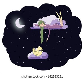Hand drawn vector illustration of a sleeping girl and duck floating on the clouds among the stars under the moon. Isolated objects. Design concept for children - postcard, poster, T-shirt print.