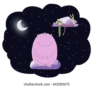 Hand drawn vector illustration of sleeping girl and cute monster floating on the clouds among the stars under the moon. Isolated objects. Design concept for children - postcard, poster, T-shirt print.