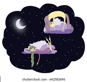 Hand drawn vector illustration of a sleeping girl and unicorn floating on the clouds among the stars under the moon. Isolated objects. Design concept for children - postcard, poster, T-shirt print.