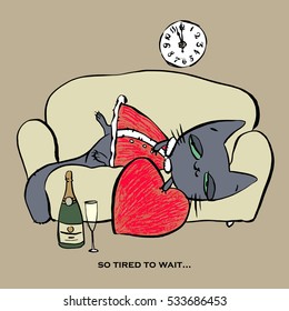 Hand drawn vector illustration of sleepy funny cat. New Year's Eve. Cartoon animal personage. Cat in Santa`s dress is laying on the sofa with bottle of vine and watch the hours of the clock