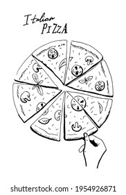 Ilustración vectorial dibujada a mano - pizza italiana rebanada. Esbozo lineal blanco y negro