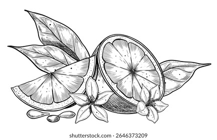 Hand drawn vector illustration of a sliced Lemon with flowers, leaves, and seeds. Vintage botanical engraving with Lime or orange for natural cosmetics, food packaging, or herbal product branding.