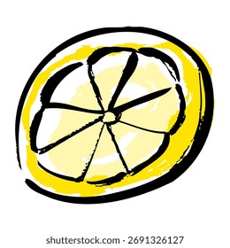 Ilustración vectorial dibujada a mano de un limón ​​amarillo en rodajas con pinceladas.