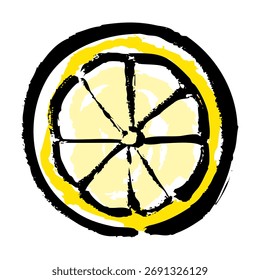 Hand drawn vector illustration of a sliced ​​yellow lemon with brush strokes.