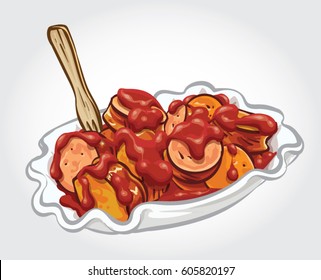 Hand drawn vector illustration of sliced Curry wurst with sauce.