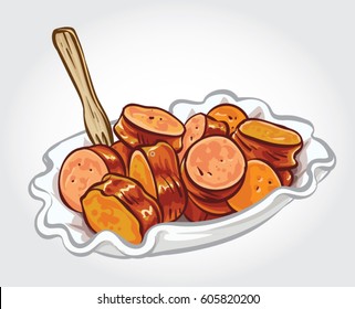 Hand drawn vector illustration of sliced Curry wurst.