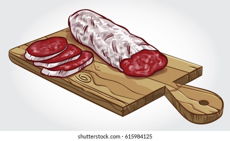 Hand drawn vector illustration of sliced salami on a wooden cutting board.