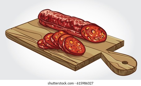 Hand Drawn Vector Illustration Of Sliced Spanish Traditional Chorizo Sausage On A Wooden Cutting Board.