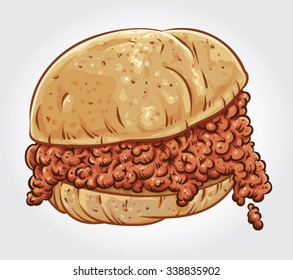 Hand Drawn Vector Illustration Of A Sloppy Joe Sandwich. Ground Beef Sandwich.