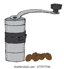 Hand drawn vector illustration of slow coffee making attributes, featuring a hand held grinder and some coffee beans. Ideal for slow coffee artisans.