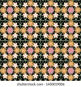 Hand drawn vector illustration. Small flowers in yellow, beige and black colors. Ditsy style. Flower vector seamless pattern in vintage style.