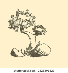 Dibujo manual de un pequeño árbol y una piedra cerca de él.