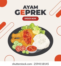 Hand drawn vector illustration of smashed chicken or ayam geprek indonesian food