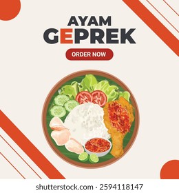 Hand drawn vector illustration of smashed chicken or ayam geprek indonesian food