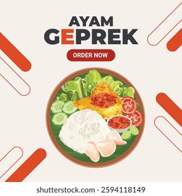 Hand drawn vector illustration of smashed chicken or ayam geprek indonesian food