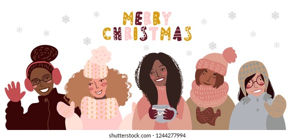 Hand drawn vector illustration of smiling women in outdoor winter clothes. Scandinavian style lettering phrase Merry Christmas.