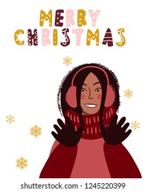 Hand drawn vector illustration of smiling woman in outdoor winter clothes. Scandinavian style lettering phrase Merry Christmas.