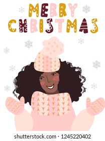 Hand drawn vector illustration of smiling woman in outdoor winter clothes. Scandinavian style lettering phrase Merry Christmas.