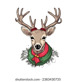 Hand drawn vector illustration Smiling deer in winter clothes. Forest animal in Christmas style