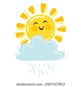 Dibujado a mano Ilustración vectorial de sol sonriente y nube lluviosa