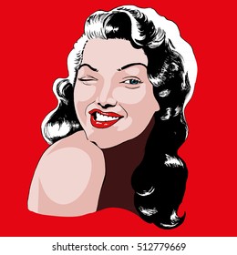 Hand drawn vector illustration with a smiling 
and winking pin-up girl face.