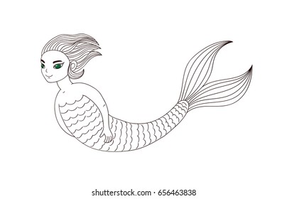 Hand drawn vector illustration of a smiling teenage mermaid swimming in the sea, with short hair and green eyes. Isolated objects on white background. Design concept for girls.