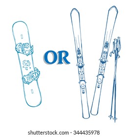 hand drawn vector illustration of snowboard and ski; equipment for winter sports