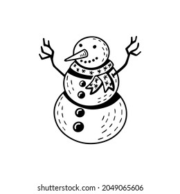 Hand drawn vector illustration of a snowman in a scarf. Isolated black and white outline design for logo, icon, banner, sticker.