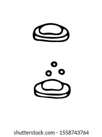 Hand drawn vector illustration 
with soap and soap with bubbles.
Isolated on white background illustration with a hygienic theme for flyers, banners, booklets and other printed materials.