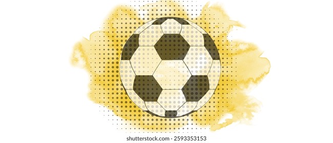 Hand drawn vector illustration with soccer or football ball, grunge composition and orange watercolor background, in doodle style