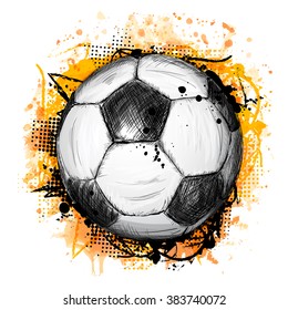 Hand drawn vector illustration with soccer or football ball, grunge composition and orange watercolor background, in doodle style