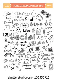 Hand drawn vector illustration of social media doodles elements. Isolated on white background.