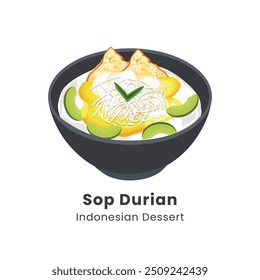 Hand drawn vector illustration of Sop duren. Famous dessert in Indonesia made from fresh durian and ice cubes, sweetened with condensed milk and cheese